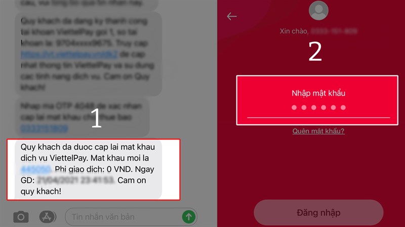 Nhập mật khẩu mới nhận từ Viettelpay